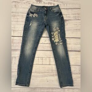Boston Proper Women's Jeans Distressed Ripped Rhinestone Faded Skinny Blue Sz 4